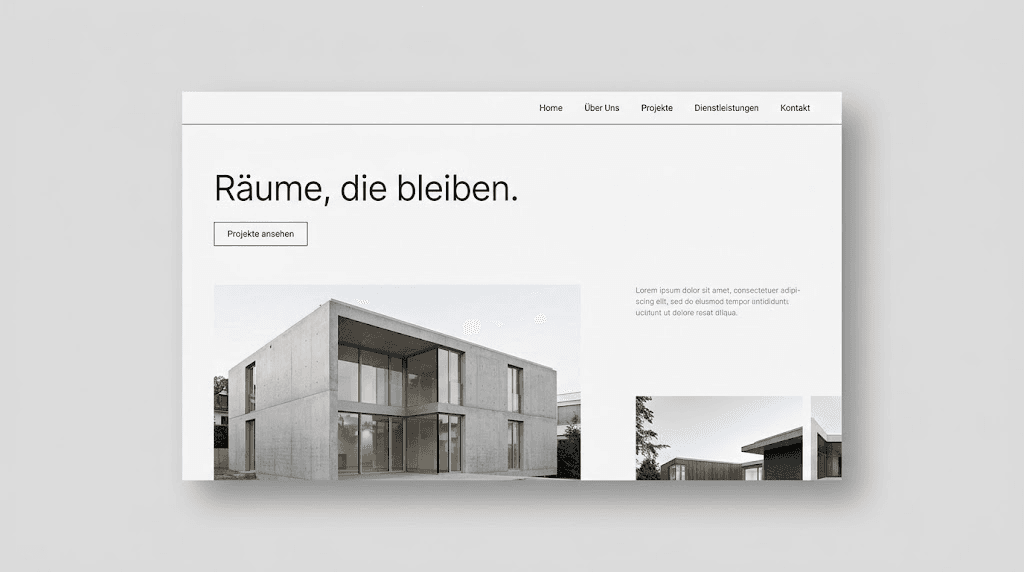 Architektur-Website-Mockup mit der Überschrift Räume, die bleiben und einem modernen Sichtbetonhaus
